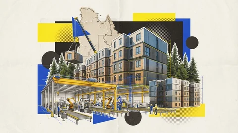 Modules d'habitation en bois quittant une chaîne d'assemblage d'usine sur des camions à plateforme