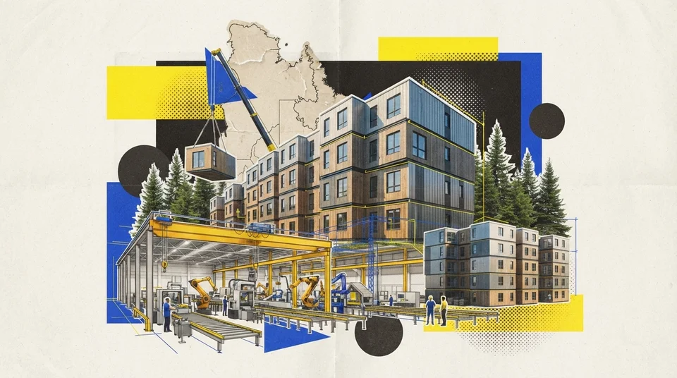 Modules d'habitation en bois quittant une chaîne d'assemblage d'usine sur des camions à plateforme