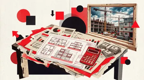 Table de travail avec plans de maison neuve, calculatrice et soumissions étalées près d'une fenêtre de chantier