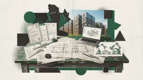 Documents de certification et plans techniques d'un bâtiment modulaire posés sur une table d'atelier