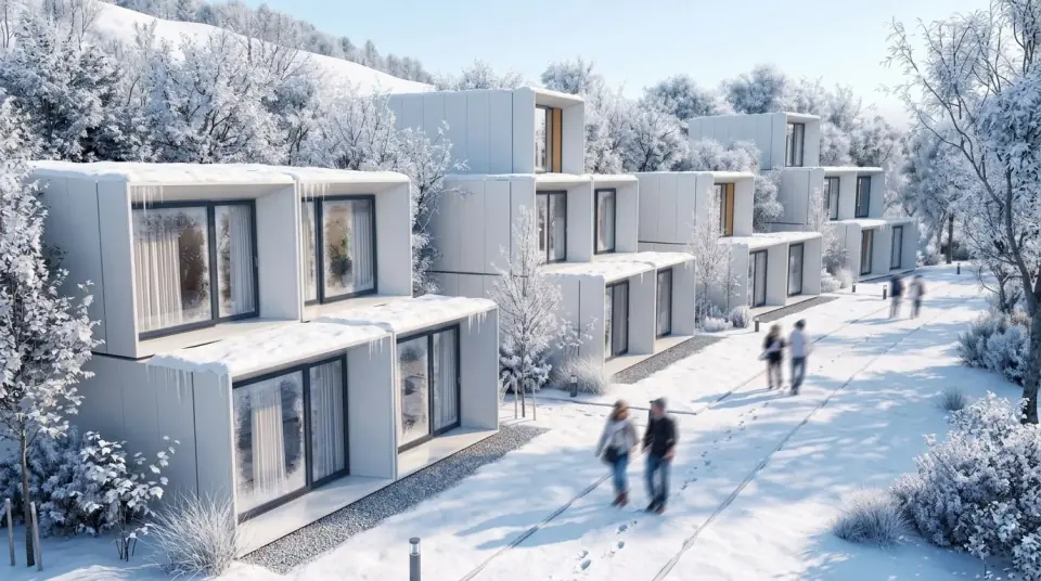 Module de bâtiment complet levé par une grue au-dessus d'une fondation de béton, chantier au Québec