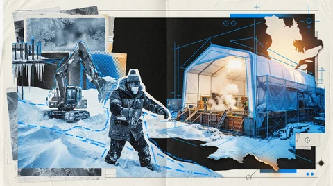 Modules de maison livrés et assemblés sur un terrain enneigé au Québec, ciel d'hiver clair