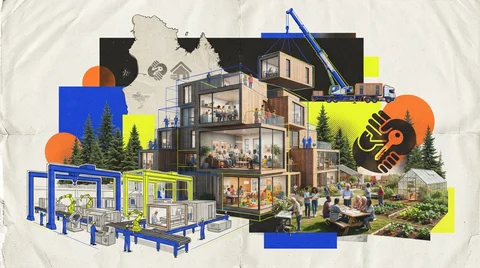 Petit ensemble de logements coopératifs modulaires à échelle humaine avec cour commune, au Québec