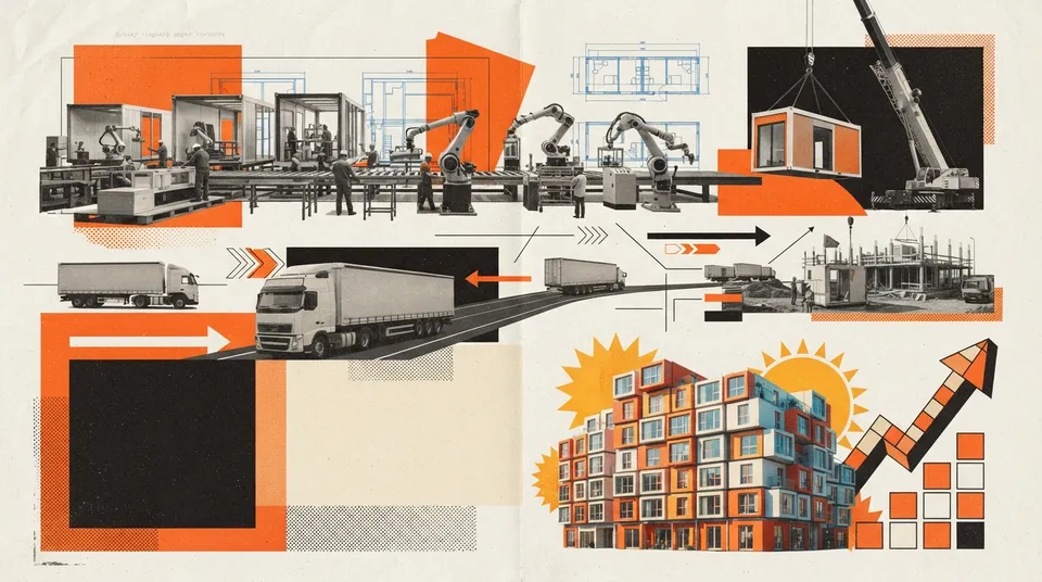 Chantier d'un immeuble locatif modulaire au Québec, modules empilés sur trois étages, grue en arrière-plan