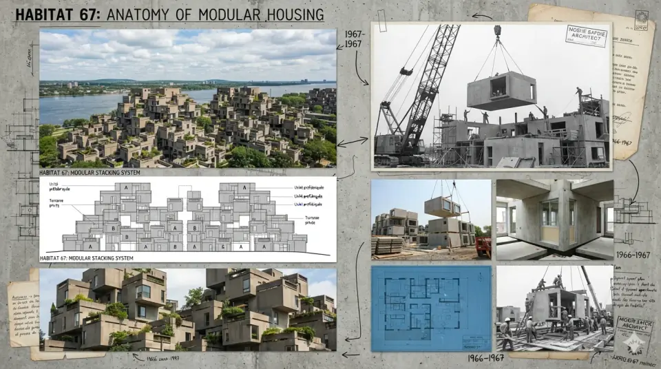 Vue aérienne d'Habitat 67 à Montréal, empilements de modules de béton en cascade sur le Saint-Laurent