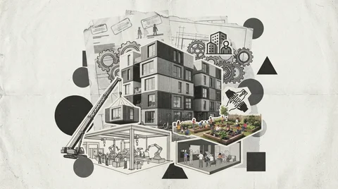 Ensemble de logements communautaires modulaires de plusieurs étages, à échelle humaine, au Québec