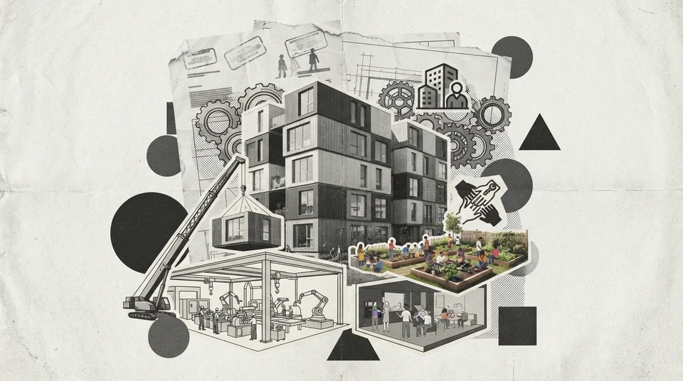 Ensemble de logements communautaires modulaires de plusieurs étages, à échelle humaine, au Québec