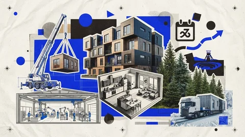 Immeuble résidentiel en modules de bois en assemblage en bordure d'une ville de l'Abitibi-Témiscamingue, forêt boréale d'épinettes en arrière-plan