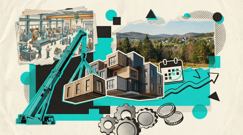 Pose d'un module d'habitation préfabriqué sur un immeuble en construction dans une ville de la Beauce
