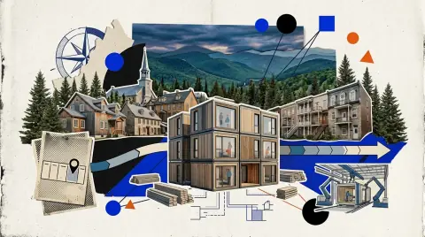 Petit immeuble résidentiel en bois en construction en bordure d'une ville lanaudoise, champs et collines boisées en arrière-plan