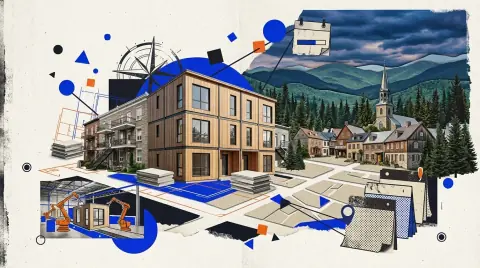 Immeuble résidentiel en bois de trois étages en construction près d'un village des Laurentides, montagnes boisées en arrière-plan