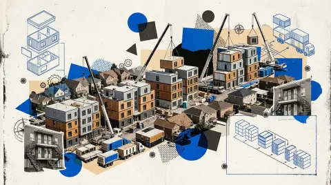 Immeuble résidentiel de trois étages en modules préfabriqués en assemblage dans un quartier résidentiel de Laval