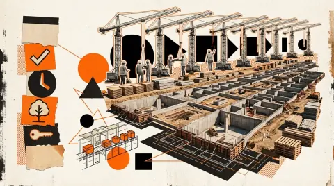 Immeuble résidentiel en bois en construction sur une rive du fleuve Saint-Laurent en Montérégie, silhouette de Montréal au loin