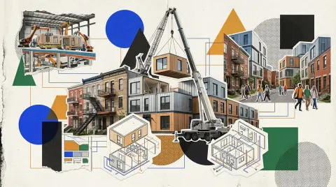 Modules d'habitation préfabriqués posés par grue sur un immeuble résidentiel en construction dans un quartier de Montréal