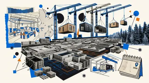 Modules d'habitation en bois posés par grue sur un chantier en bordure d'une ville nordique du Nord-du-Québec, taïga d'épinettes noires à l'horizon