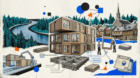 Petit immeuble résidentiel en modules de bois en assemblage dans un village de l'Outaouais, rivière des Outaouais en arrière-plan