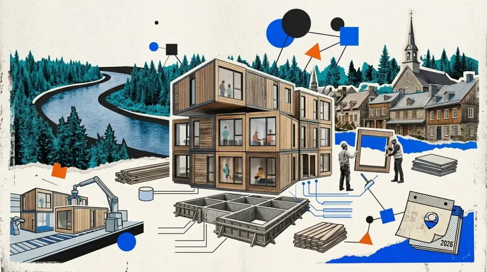 Petit immeuble résidentiel en modules de bois en assemblage dans un village de l'Outaouais, rivière des Outaouais en arrière-plan