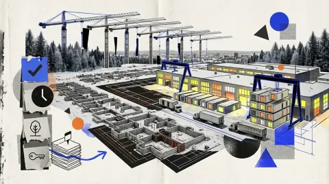 Panneaux de murs préfabriqués empilés dans une usine québécoise avant leur expédition vers un chantier résidentiel