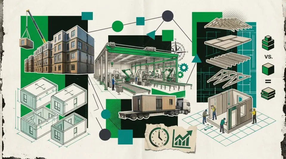 Modules d'une maison préfabriquée assemblés sur une fondation, en usine au Québec