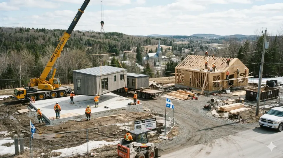 Comparaison visuelle entre une maison usinée sur fondation et une maison mobile au Québec