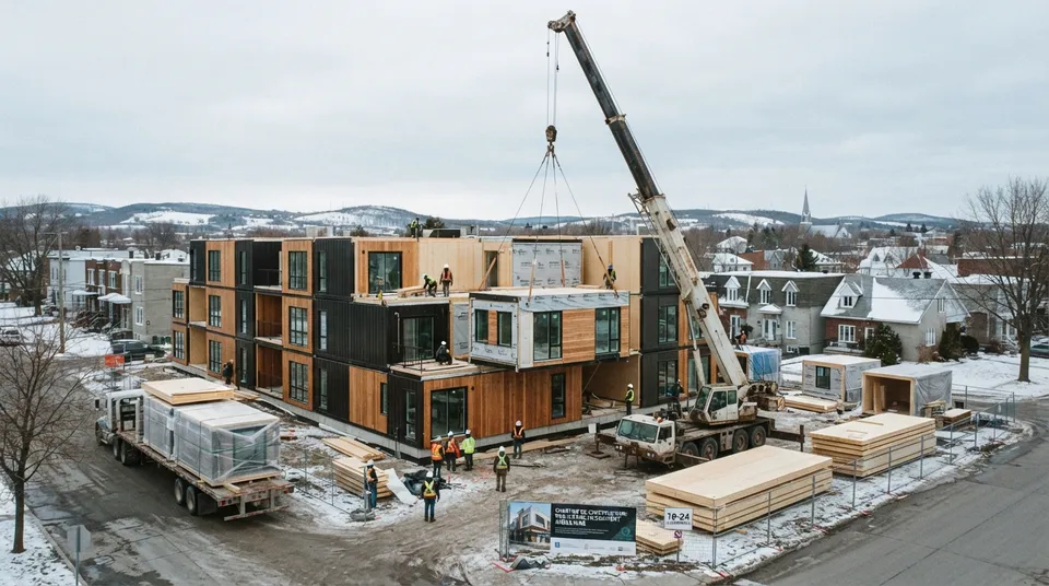 Modules d'un immeuble multilogement levés par une grue et assemblés sur une fondation au Québec