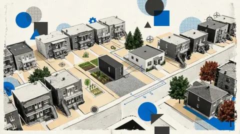 Quartier résidentiel québécois de faible densité vu de haut, une mini-maison neuve dans une cour arrière