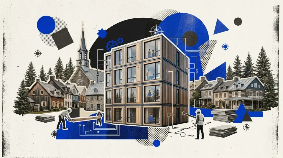 Petit immeuble résidentiel modulaire fraîchement installé au coeur d'un village québécois, clocher d'église en arrière-plan