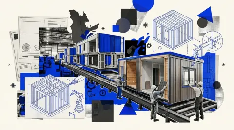 Chaîne d'assemblage d'une usine de construction modulaire québécoise avec un module d'habitation en cours de finition