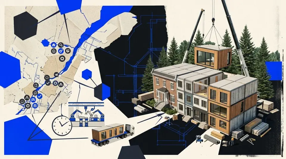 Immeuble résidentiel modulaire de trois étages en fin d'assemblage dans une petite ville du Québec