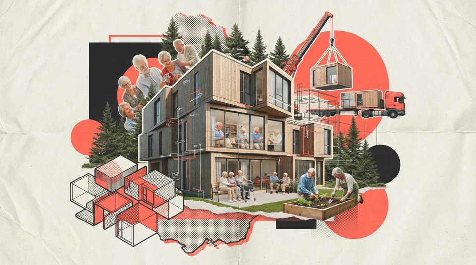 Petite résidence pour aînés modulaire de deux étages en bois clair dans un village québécois, allée accessible