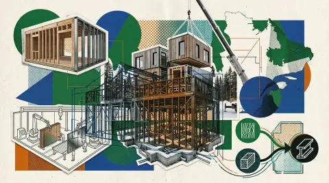 Charpente d'un module : ossature de bois d'un côté, structure d'acier de l'autre, usine au Québec