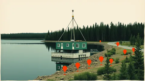 Bâtiment modulaire de six logements en cours d'assemblage au bord d'un lac dans une municipalité forestière du Témiscouata, Bas-Saint-Laurent