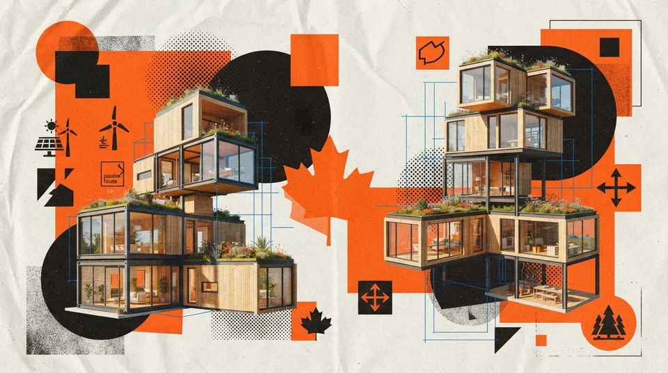 Maison usinée contemporaine au Québec, lignes épurées, grandes fenêtres, intégration paysagère