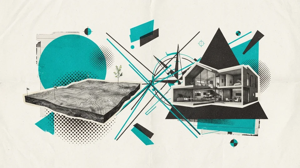 Terrain vacant arpenté avec piquets, en attente d'une maison modulaire, paysage québécois