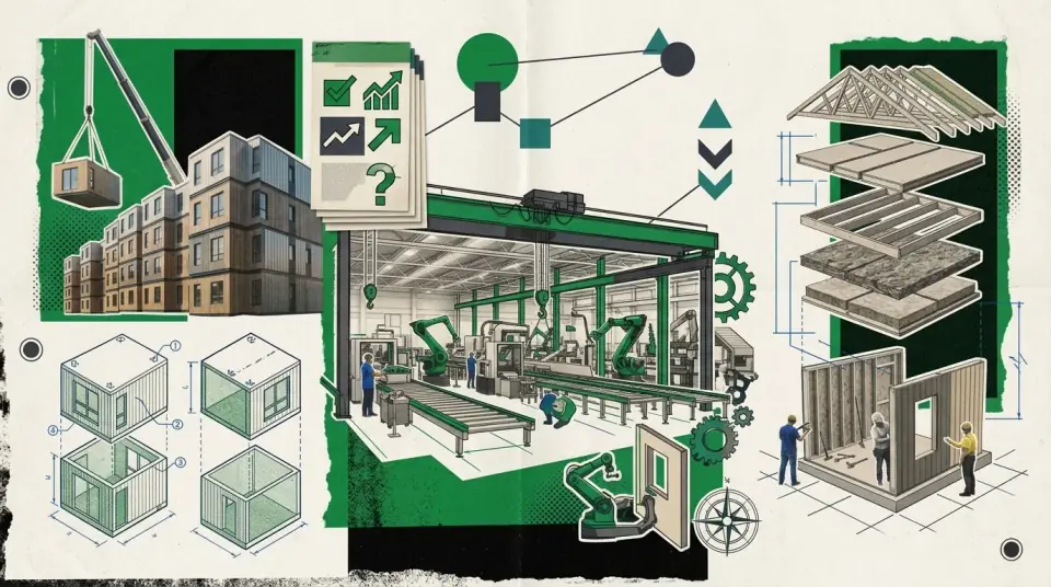 Différents types de construction préfabriquée : modules volumétriques et panneaux muraux en usine