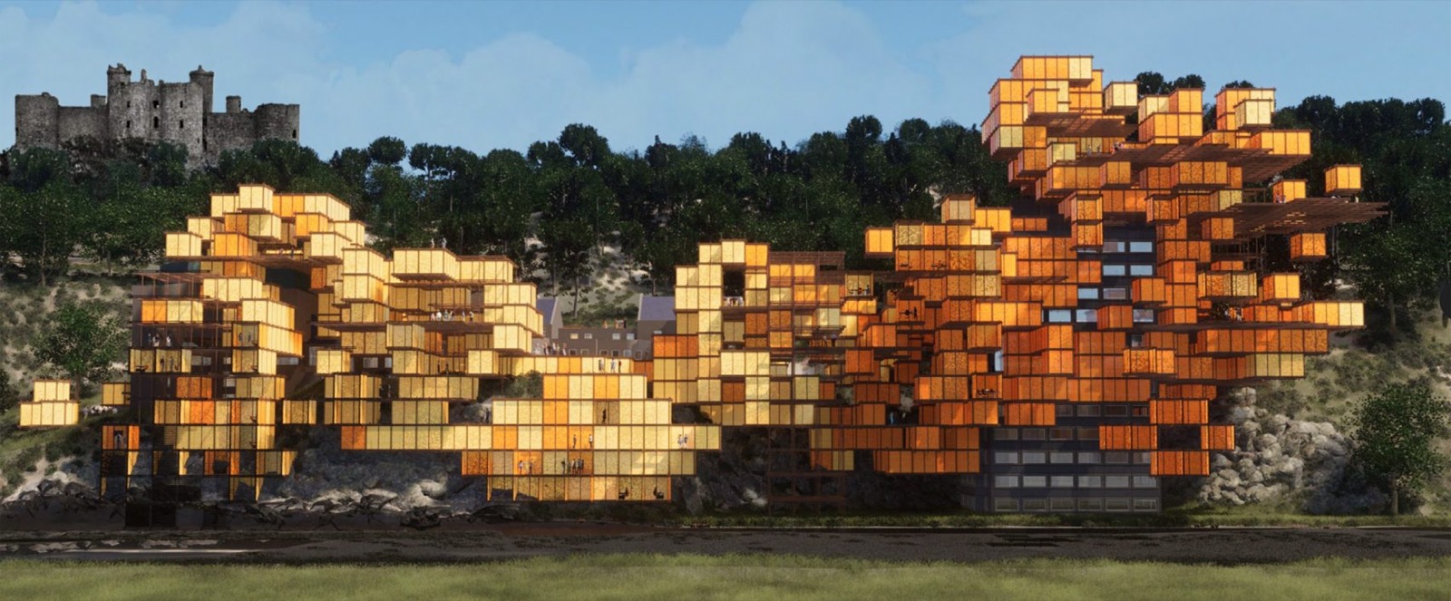 Logements modulaires en terrasses épousant une pente, vue d'ensemble au coucher du soleil