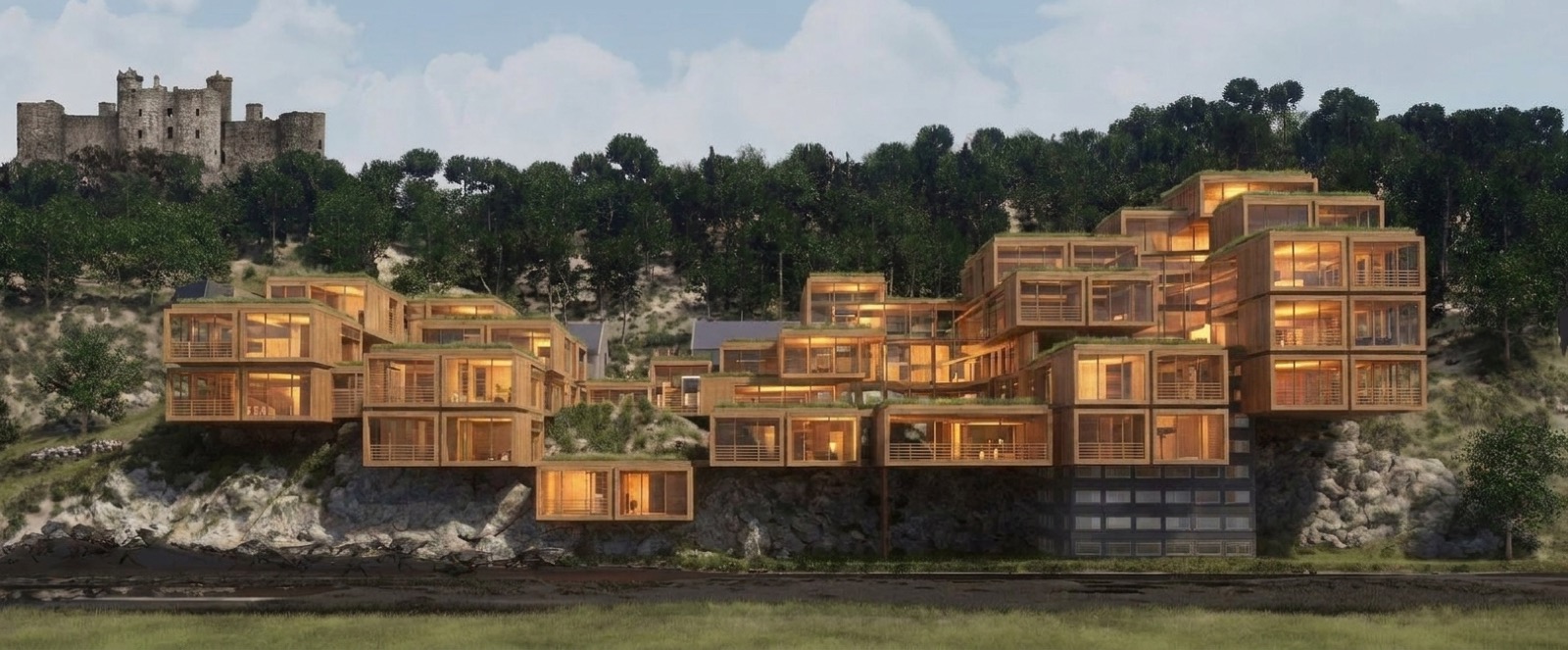 Sur une pente, l'empilement décalé de modules crée des terrasses habitées — le toit de l'un devient le jardin de l'autre. Concept, daab design. Logements modulaires en terrasses épousant une pente boisée, vue d'ensemble